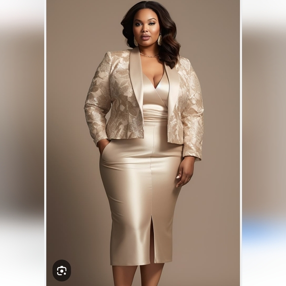 Xpluswear Elegant Champagne Long Sleeve 2 Piece Dress - Picture 1 of 8